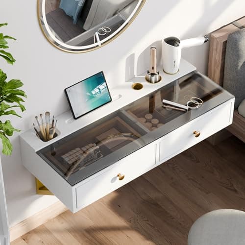 IEO 31.5" Floating Desk Glass Top Wall - Mounted Makeup Vanity Desk with 2 Drawers Floating Shelf for Ultimate Makeup Organization,for Bedroom, Bathroom and Hairdressers,Black and Golden (Warm White) - Image 1