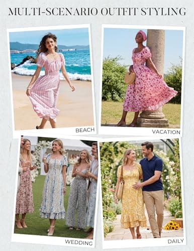 Kate Kasin Womens Casual Summer Square Neck Short Sleeve Dress, White Boho Smocked Maxi Dress, Floral Print Long Dresses with Pocket XL - Thumbnail 2