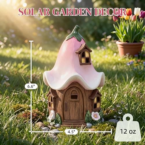 Solar Fairy Garden House, Whimsical Flower Cottage Fairy Figurines with Automatic Solar Lights, Hand-Painted Resin Garden Statue Unique Gift for Outdoor, Patio, Yard Art, Balcony, Porch Decor - Thumbnail 2