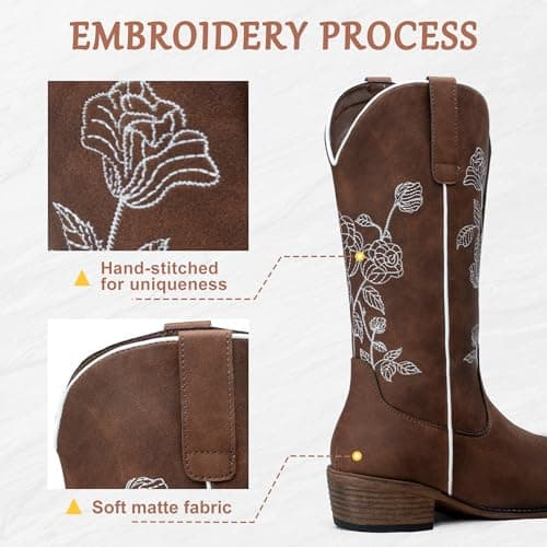 Jeossy Women's Cognac Cowboy Mid Calf Boots, Cute Boot with Embroidery Flower, Low Heel Western Cowgirl 9807 Boot, Comfy Riding Round Toe Boots with Side Zipper, Size 7.5 US(DJY9807 Cognac 07.5) - Thumbnail 4