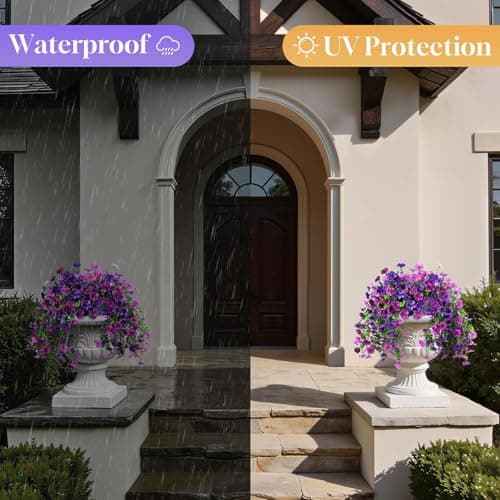 BlessedSeason 2 Pcs Artificial Hanging Flowers, UV Resistant Fake Flowers with Flexible Stems, Full Bundle Faux Flowers for Outdoor Planters, Zero Maintenance for Patio, Garden, Balcony, Double Purple - Thumbnail 5