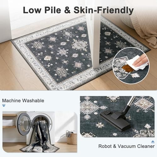 2'x3' Washable Area Rug Non-Slip, Vintage Floral Medallion Distressed Entryway Kitchen Bathroom Mat, Soft Low Pile Indoor Floor Carpet for Hallway Laundry, Navy Blue & Ivory Vintage - Thumbnail 6