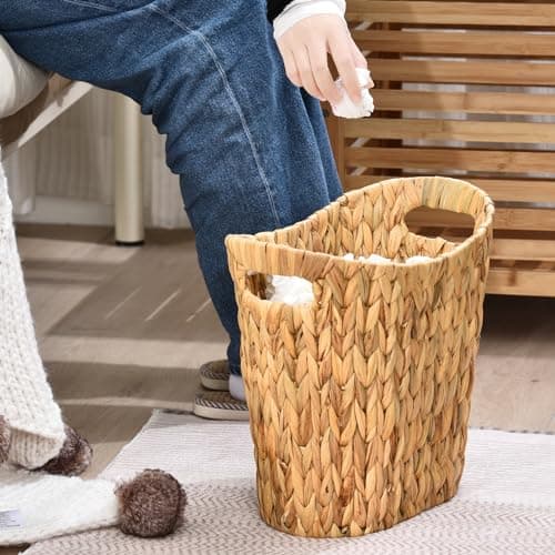 FairyHaus Wicker Trash Can with Handles, Natural Water Hyacinth Wicker Waste Basket, Handwoven Wicker Trash Basket for Bathroom Bedrooms, 13" L x 7.5" W x 12.2" H - Thumbnail 2