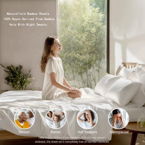 NATUREFIELD 100% Rayon Viscose Derived from Bamboo Sheets Set - 4 Piece- Hotel Luxury Silky-Smooth Feel,Cooling Breathable, for Hot Sleepers, 16" Deep Pocket, 240 Thread Count. White California King - Thumbnail 5