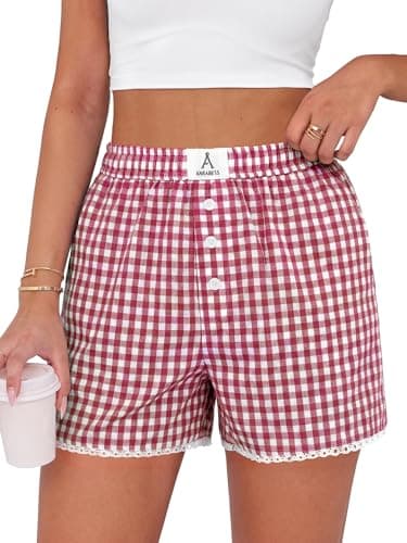 ANRABESS Boxer Shorts for Women 2026 Summer Pajama Gingham Pj Shorts Casual Lounge Sleep Plaid Y2K Beach Bottoms Outfits Red White Plaid Small - Image 1