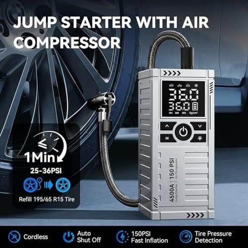 Car Battery Jump Starter with Air Compressor - 4500A Battery Jumper Starter Portable (9.0 Gas/8.0L Diesel) with 150PSI Tire Inflator, 12V Car Jump Box with Jumper Cables, LED Light, LCD Display - Thumbnail 3