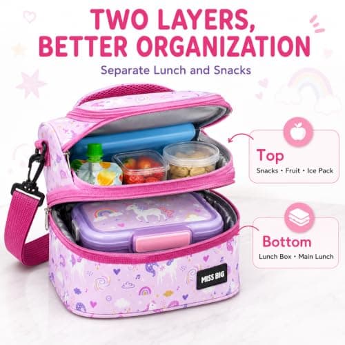 MISS BIG Kids Lunch Bag for Girls, Pink Unicorn Insulated Lunch Bag with Two-Tier Storage, Adjustable Shoulder Strap, Lunch Box Bag for Kids, School, Daycare, Picnic, Travel - Thumbnail 4