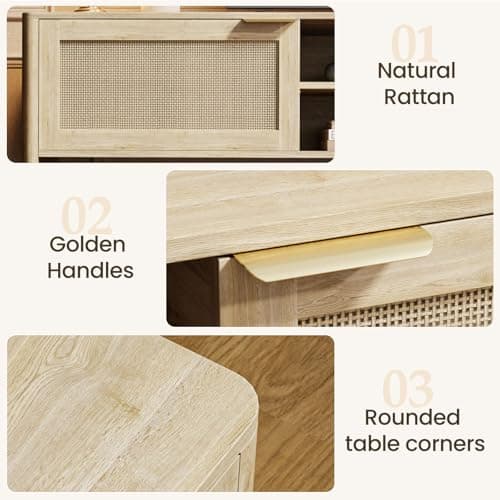 IKALIFE Rattan TV Stand for Living Room - Fits up to 85 Inch TVs, Rattan Media Console Table with Adjustable Shelves & 2 Storage Cabinets, Mid-Century Modern Entertainment Center, Oak 80" - Thumbnail 5
