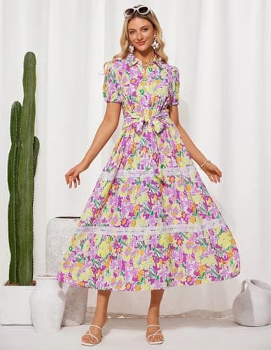 GRACE KARIN Women's 2026 Summer Floral Flowy Dresses Boho Tie Belt Short Puff Sleeve A Line Maxi Shirt Dress with Pocket Purple Yellow Small - Thumbnail 2