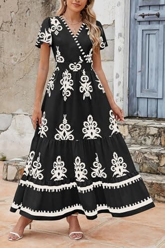 PRETTYGARDEN Womens 2026 Summer Casual V Neck Boho Maxi Dress Flowy Aline Bell Sleeve Tiered Floral Dresses with Pocket (Floral Black White,XX-Large) - Thumbnail 6