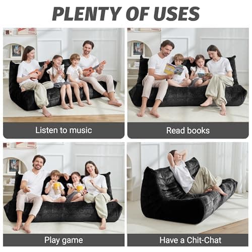 Homguava Bean Bag Chair, Giant Beanbag Chairs for Adults, Memory Foam Fireside Chair, Large Lazy Floor Sofa, Sofa Couch with High-Rebound Foam, Lounge Chair for Living Room, Bedroom (Black, 3-Seater) - Thumbnail 6