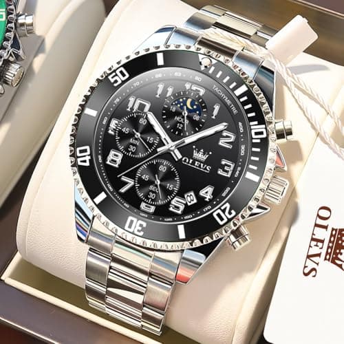 OLEVS Watch Men Luxury Black Face Silver Stainless Steel Dress Wrist Waterproof Quartz Analog Watches for Men Nice Fashion Chronograph Moon Phase Luminous Large Face Mens Watches Relojes para Hombres - Thumbnail 2
