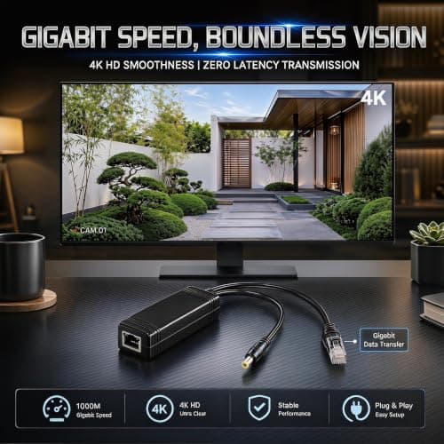 PoE Splitter 12W, 48V to 12V 1A Gigabit IEEE 802.3af Compliant PoE Adapter with 6kV Surge Protection, Power over Ethernet Splitter for Security IP Camera, Non-PoE Devices 12W 5.5x2.1mm DC Plug Gigabit - Thumbnail 6