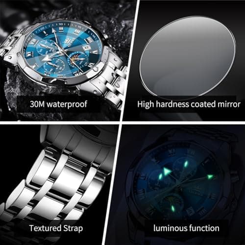 OLEVS Watch Men Luxury Sliver Stainless Steel Dress Waterproof Blue Face Wrist Watches for Men Classic Analog Quartz Moon Phase Chronograph Men Watch Relojes De Hombre - Thumbnail 5