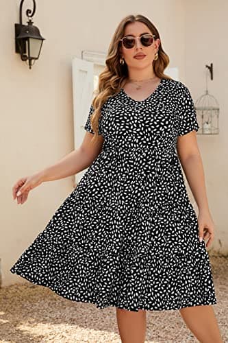 Younrui Plus Size Casual Summer Tiered Flowy Dresses for Women Short Sleeve Ruffle Hem Loose Fitting Babydoll Dress (1XL-1001-Black Floral) - Thumbnail 5