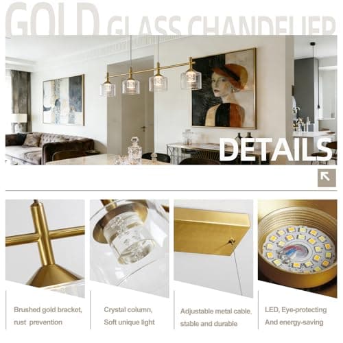 TYhogar Modern Gold Linear Chandeliers for Dining Room,35" 4-Light Kitchen Island Lighting,Adjustable Height Led Dining Room Light Fixture,Pendant Lights Kitchen Island for Living Room - Thumbnail 3