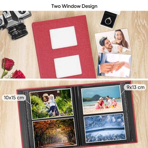 MSTONAL Photo Album 4x6 200 Pockets for Wedding Gifts, Linen Hardcover Memory Book with Front Window for Family Anniversary School Baby Travel Pictures Holds 200 Horizontal Photos, Red - Thumbnail 4