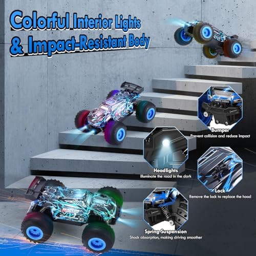 BIFYTON Remote Control Car, 1:18 Rc Cars, All-Terrain RC Truck with LED Light, 20KM/H, Rechargeable, 2WD, 2.4GHz, Sturdy PVC Shell, Remote Control Truck for Boys 4-7 8-12, Beginner - Thumbnail 4