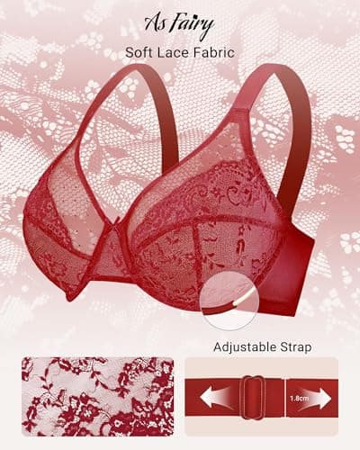 As Fairy Lace Underwire Bras for Women Full Coverage Minimizer Breathable Unlined Supportive Bra for Big Bust(Coral Red 42DDD) - Thumbnail 6
