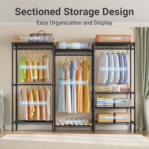 VIPEK V5 Plus Large Portable Closet Rack Freestanding Wardrobe Closet, Multi-Functional Clothes Rack Heavy Duty Metal Clothing Rack for Hanging Clothes, 85.4" L x 15.7" W x 76.4" H, Black - Thumbnail 3