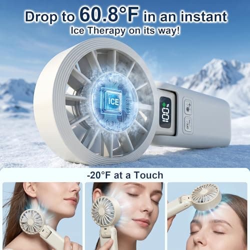 Husdensky Portable Handheld Fan with Ice Cooling, 5.5m/s High Speed, Foldable Neck Fan, 5-Speed LED Display, 12H Battery, Independent Switch, Personal Fans for Travel, Concerts, Sports Events - White - Thumbnail 2