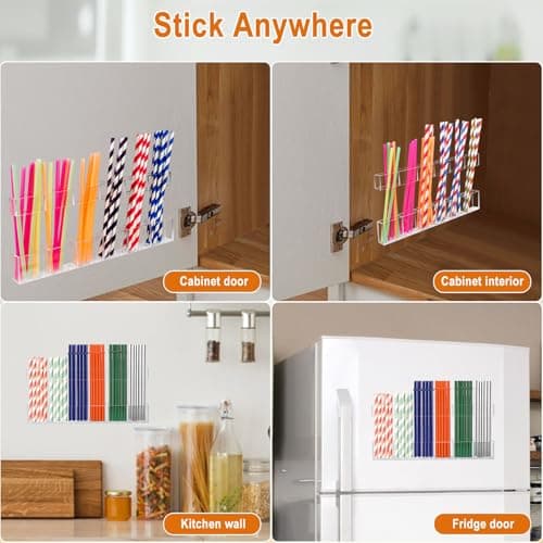 WTBRAYMX 2 Pack 10.8" Extra Large Straw Organizer, 6 Slots Heavy-Duty Acrylic Straw Holder for Cabinet Door & Cupboard, Two-Piece Reusable Straw Storage with Ultra Sticky Adhesive Tape (Crystal Clear) - Thumbnail 6