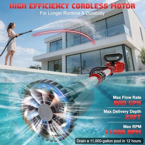 Cordless Stick Water Transfer Pump for Milwaukee 18V Batteries (No Battery), Max 800GPH, 23FT Lift, Brushless Portable Sump Pumps with Rotatable Pump Head for Pool, Garden, Pond, Basement, Boat - Thumbnail 2