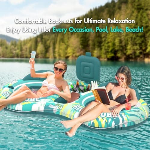 Sunikko X 5-in-1 Pool Floats Adult Heavy Duty River Tube, 2 Person Water Lounge Tanning Pool with Backrests, Built-in Cooler, Cup Holders, Deluxe Pool Toys for Summer Relaxation - Thumbnail 5