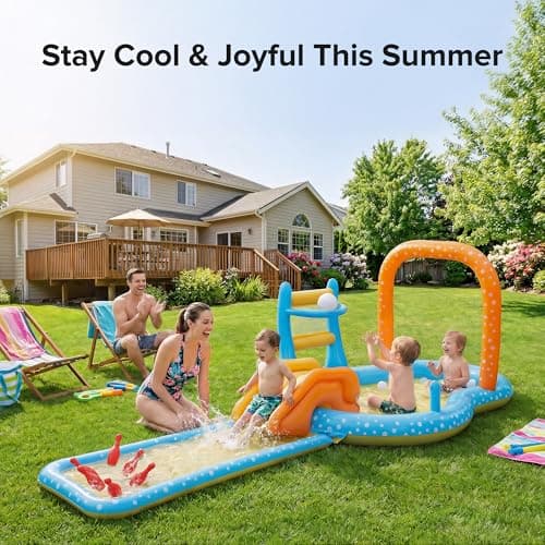Inflatable Kiddie Pool with Dual Slides, Kids Splash Pool Play Center with Water Slide & Slip Slide, Outdoor Backyard Water Toy for Toddlers - Thumbnail 3