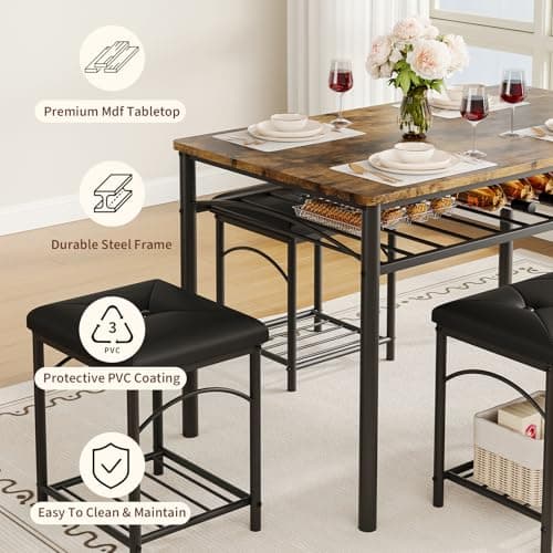 Garvee Dining Table Set for 4, Kitchen Table with Upholstered Bench and 2 Stools, 4 Pieces Kitchen Table Set with Storage Rack & Metal Frame for Small Space, Kitchen Table and Chairs Set for Apartment - Thumbnail 6