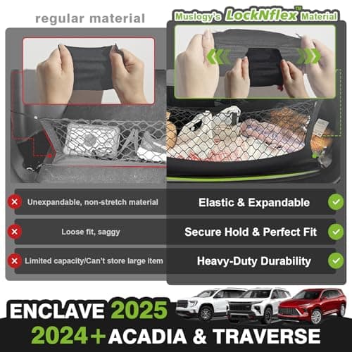 Muslogy Truck Bed Cargo Net Trunk Netting Compatible with 2024-2026 GMC Acadia | Chevy Traverse | 2025+ Buick Enclave Accessories, Pickup Cargo Organizer SUV Sedan Storage Net w/Heavy Duty Carabiners - Thumbnail 4