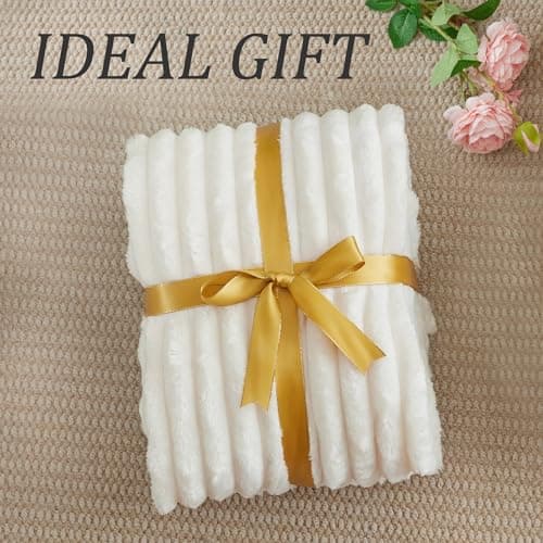BEDELITE Twin Blanket for Couch & Bed, 300GSM Soft & Warm Fleece Blanket, Decorative and Giftable Striped Cream White Blankets for Women, Men, 60"x80" - Thumbnail 6