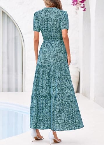 KIRUNDO Womens Floral Boho Flowy Maxi Dress, Dark Green Flower, Small - Thumbnail 3