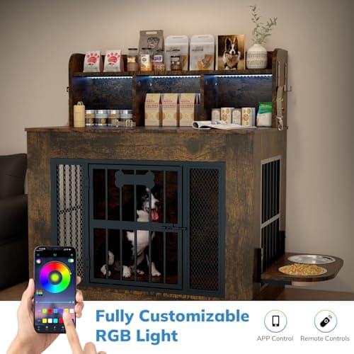 Petrova 33" Dog Crate Furniture with Storage Shelf & 2 Stainless Steel Bowls, Heavy Duty Indoor Dog Kennel for Medium/Small Dogs, Wooden Dog Cage with 4 Hooks, LED Light, Walnut Brown - Thumbnail 2