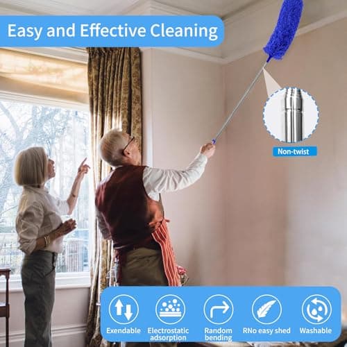 6-in-1 Duster for Cleaning Kit, Extendable Duster with Stainless Steel Pole - Microfiber, Ceiling Fan Cleaner Dusters and Chenille Dusters, Bendable Cobweb Removers for High Ceilings, Fans, Blinds - Thumbnail 6