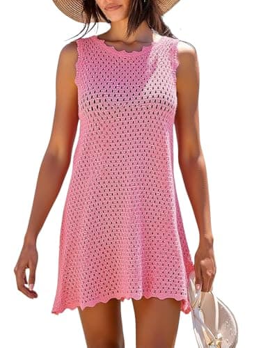 AiMgFUN Women's Crochet Beach Sleeveless Dress Swimwear Bathing Suit Coverup for 2025 Summer Pink Outfit Pink XL - Thumbnail 2