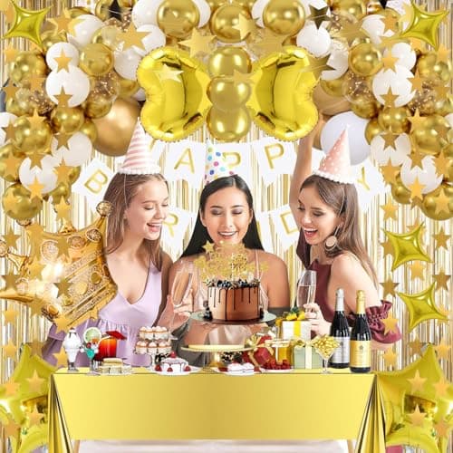 Gold Birthday Decorations Set – Happy Birthday Banner, Star Garland, Crown Foil Balloon, Fringe Curtain Backdrop, Table Cover, Cake Topper, Confetti &Latex Balloons for Boys Girls Men Women Party - Thumbnail 5