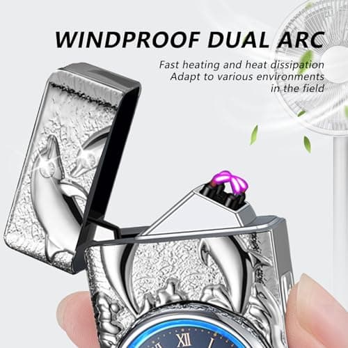 BABOBIU Electric Lighter USB Rechargeable Lighter Windproof Cool Dolphin Lighters Flameless Portable Arc Lighters with Portable Flashlight Gift for Men, Boyfriend, Husband (Silver) - Thumbnail 2