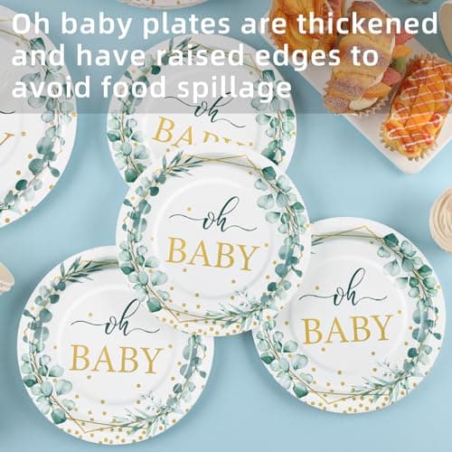Gudvilla 350 Pcs Sage Green Baby Shower Decorations, Baby Shower Plates and Cups and Napkins Sets Serves 50, Oh Baby Plates with Gold Dots for Boho Baby Girl Boy Neutral - Thumbnail 3