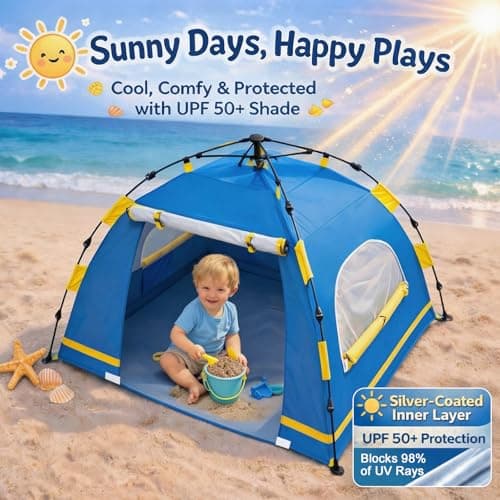 Baby Beach Tent Pop Up Sun Shelter with UPF 50+ UV Protection, Silver-Coated Interior, Breathable Mesh Ventilation, Easy Setup, Wind-Stable Beach Shade for Infants & Toddlers - Thumbnail 2