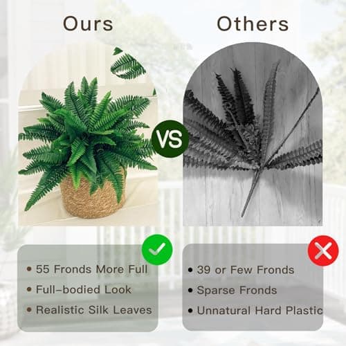 Senjie Artificial Boston Fern 2 Set Large 55 Branches Fake Ferns for Outdoors 35Inch Faux Plant for Home Living Room Office Decor - Thumbnail 5