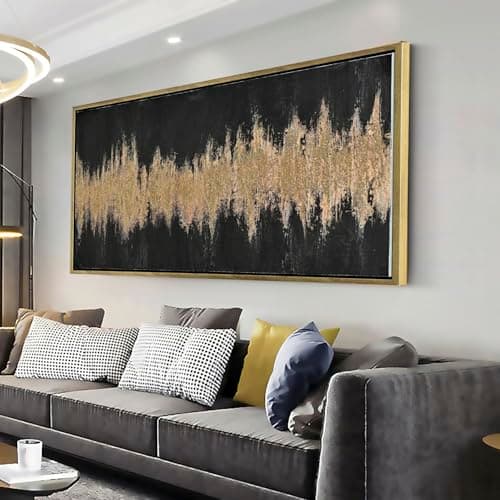 27"x56" Framed Black and Gold Abstract Sound Wave Textured Wall Art, Minimalist Pictures Canvas Wall Deco for Living Room Bedroom Office Gallery - Image 1