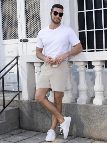 RQP Men's Classic-fit 5In Casual Shorts Elastic Waist Drawstring Shorts Lightweight Summer Beach Vacation Short,Grey Beige - Thumbnail 6