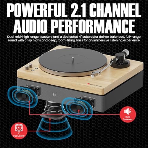 AudioSource Vinyl Record Player, All-in-one Turntable with 2.1 Channel Built-in Speaker, Bluetooth 5.4, 120W, Built-in Subwoofer, High Fidelity 2-Speed Belt Drive, Patented Isolation System, AT33 - Thumbnail 6