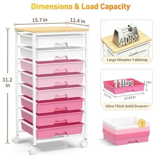 SUNALLY Rolling Storage Utility Cart With 8 Drawers, Storage Drawer Cart with Wooden Tabletop and 2 Lockable Wheels, 8 Tier Rolling Cart for Craft Art Supply Storage & Home Office Organization, Pink - Thumbnail 2