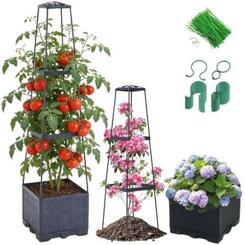 Lancisism Raised Garden Bed Tomato Planter with Trellis - 45" Self Watering Planters Box with Trapezoidal Trellis for Climbing Plants Vegetables Flowers - Tomato Cages for Greenhouse Indoor Outdoor