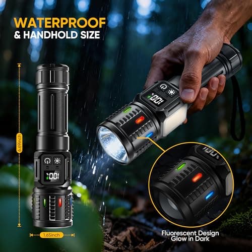 lesusnicy Rechargeable Flashlights High Lumens 100,000, Super Bright LED Flash Light Long Lasting USB C LCD Display, Dual Light Source & Buttons with Red Light, for Camping Hiking Emergency Home Gift - Thumbnail 5