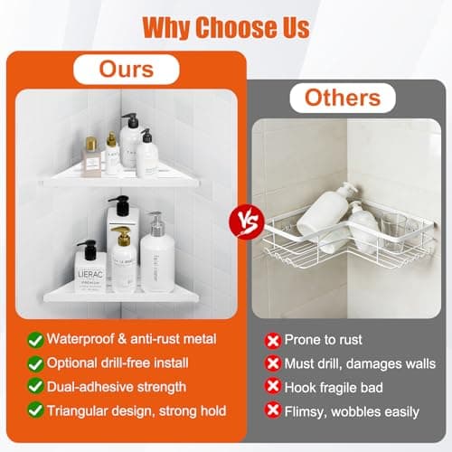 Fikoksol Shower Caddy, 2 Pack Bathroom Corner Shelf, Triangle Shelf Storage for Bathroom Shower, White Metal Shower Shelf & Rustproof Wall Mounted Adhesive Glue Organizer Accessories and Essentials - Thumbnail 4