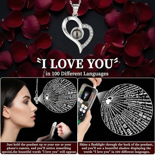 Preserved Red Real Rose, S925 Necklace with Heart I Love You in 100 Languages, Eternal Flowers Rose Birthday Gifts for Women Her Mom Wife Girlfriend on Valentine's Day, Birthday, Mother's Day (Red) - Thumbnail 3