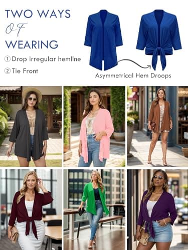 AusLook Women's Plus Size Lightweight Open Front Cardigan Army Green 1X Causal 3/4 Sleeve Cover Ups Shrugs Tops Shawls and Wraps Kimono Jacket Coat - Thumbnail 3